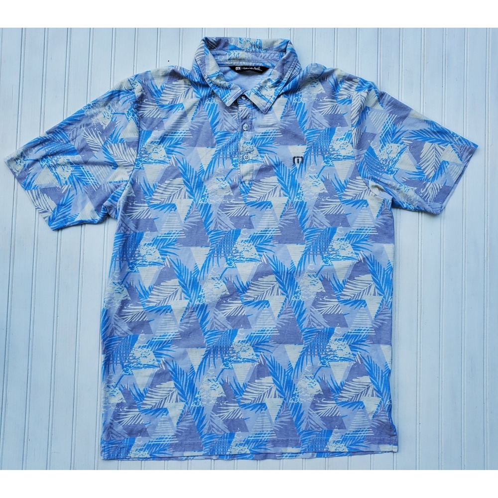 Travis Mathew Mens Blue Palm Geometric Print Polo Shirt Size M Pima Cotton Golf - Picture 2 of 7